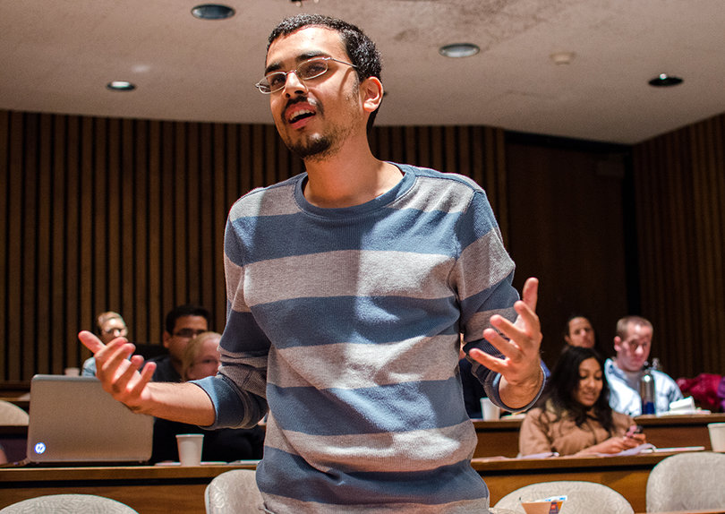 Zaid Jilani explains why he should be elected for a senator-at-large position at the meeting.