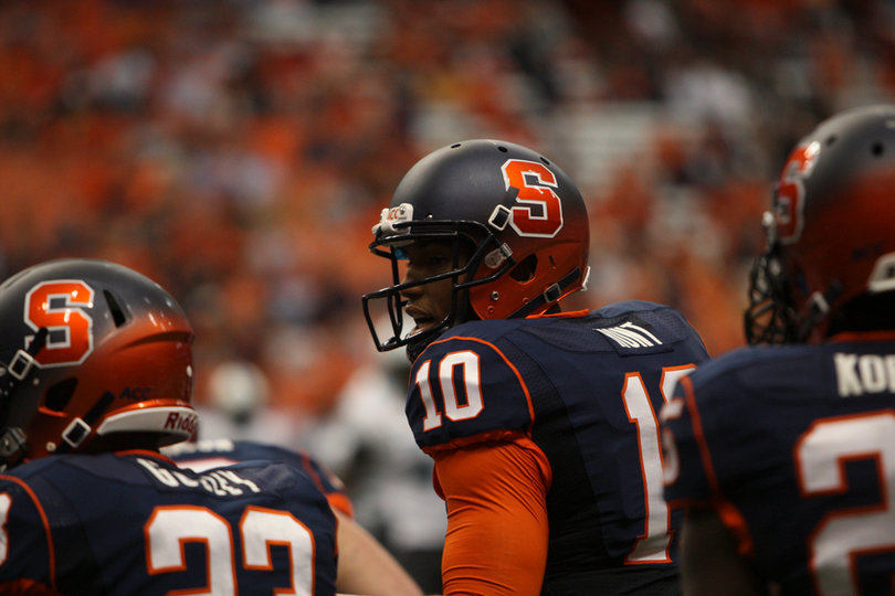 Terrel Hunt barks out an order to the Syracuse offense.