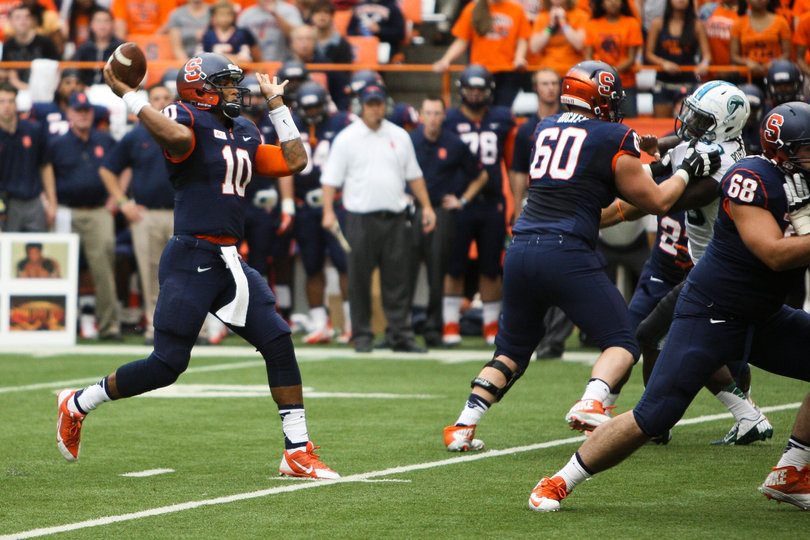 Terrel Hunt fires a pass down the field. Hunt connected on 16-of-21 passes for 175 yards and four touchdowns.