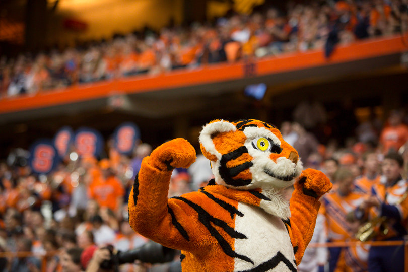 The Clemson mascot flexes after one of the Tigers' seven touchdowns