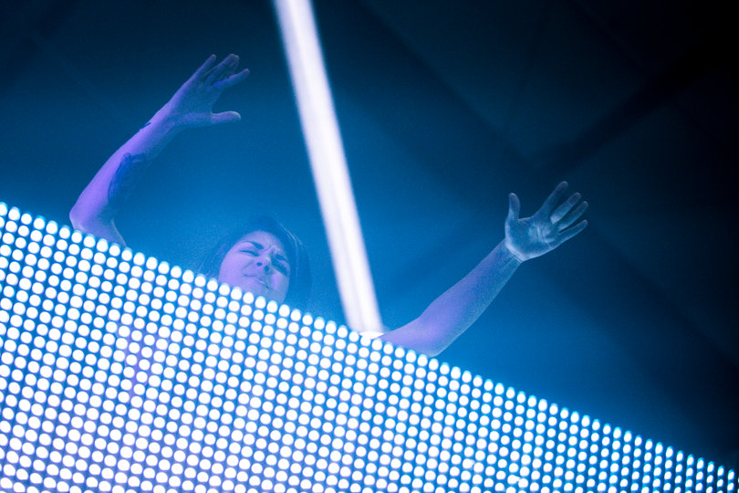 Yasmine Yousaf of Krewella pumps her hands during the group's headlining set Tuesday night.