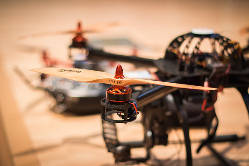 This drone was built and designed by Arland Whitfield, a sophomore in the School of Information Studies. It houses two cameras that allow the user to put on virtual goggles for a first person experience that merges the user as "one with the drone."