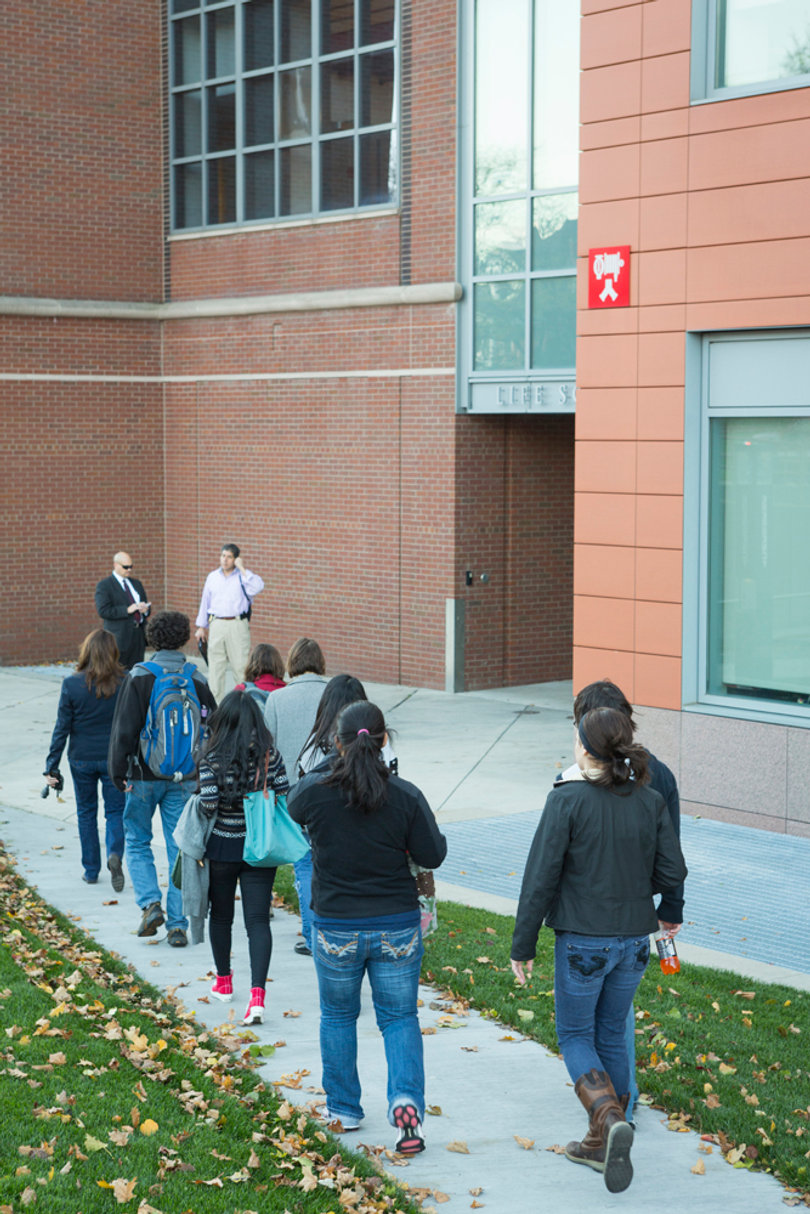 One of the first groups of students to reenter the building after the building was reopened.