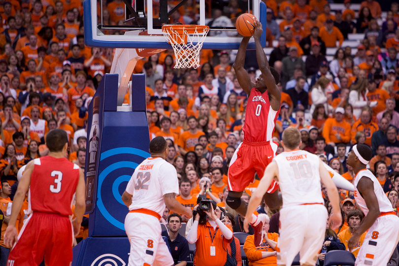 Cornell center David Onuorah finishes an alley-oop in one of the Big Red's opening possession. 
