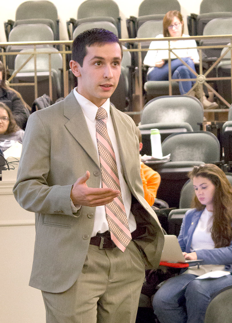 Stephen Desalvo, SA comptroller, explains the bill he and president Allie Curtis co-authored to the assembly. 