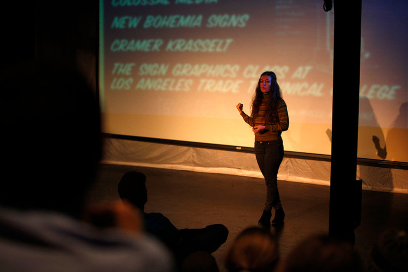 Faythe Levine, co-director of "Sign Painters," answers questions following a select screening of her documentary. The film is about the art of sign making in America.