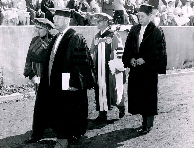 John F. Kennedy walks in Archbold Stadium with members of the administration in 1957. Three years later, Kennedy was elected president, and another three years after that he was assassinated. 