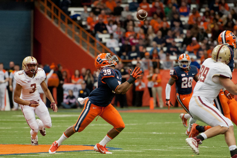 Cameron Lynch watches an interception fall into his hands, BC's lone turnover on the day. 