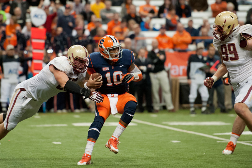 BC pass rushers surround Hunt in the pocket, leaving the quarterback nowhere to go. 