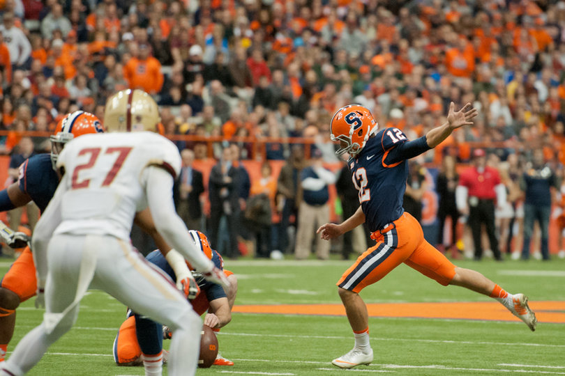 Ryan Norton winds up for a field goal attempt. The sophomore went 2-for-3, missing from 30 yards and hitting from 42 and 44. 