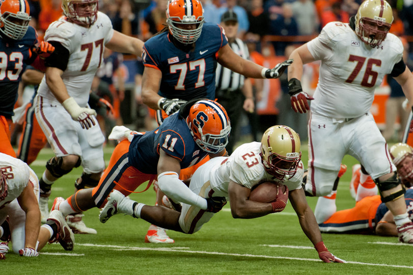 Spruill brings down freshman running back Myles Willis for one of his four total tackles. 