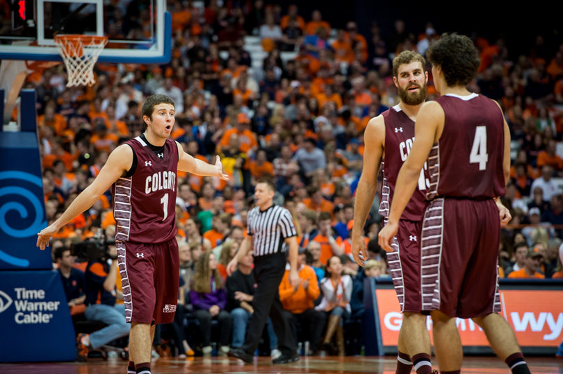Colgate guard Austin Tillotson directs his teammates during a dead ball. 