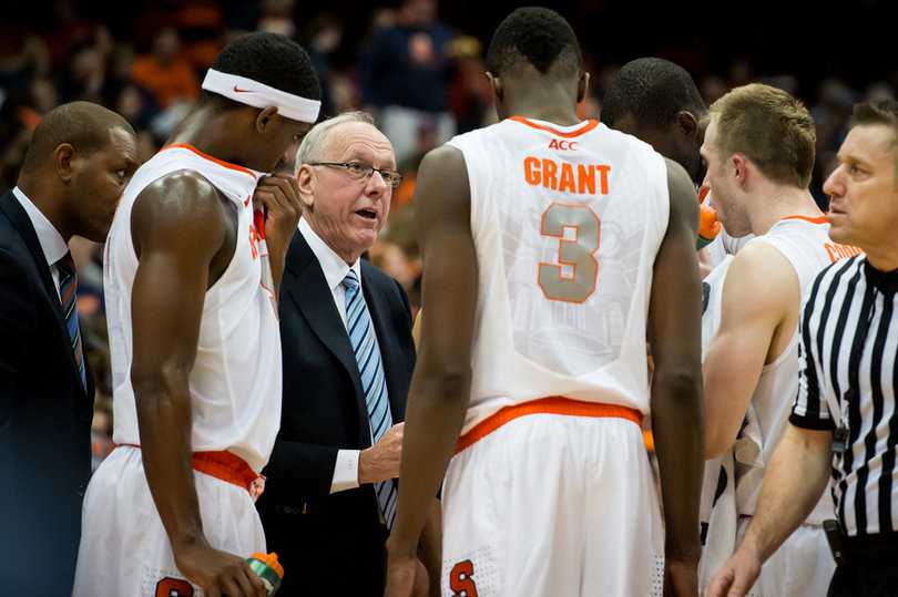 Head coach Jim Boeheim addresses his team in its 69-50 win. 