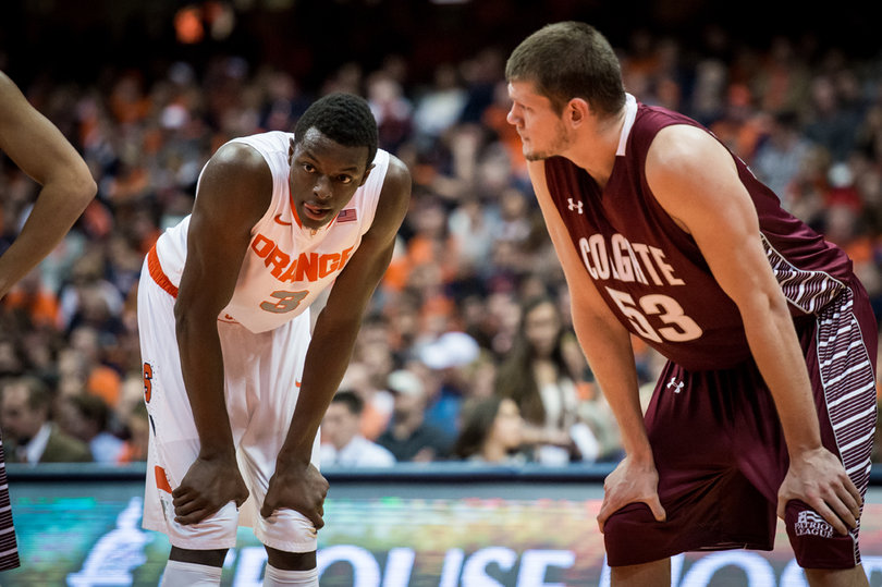 During a dead ball, Grant and Jacobs ready themselves to square off. 