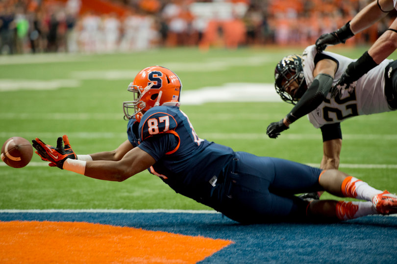 Kendall Moore almost reels in his second touchdown pass of the season. The ball grazed off Moore's fingertips and fell incomplete. 