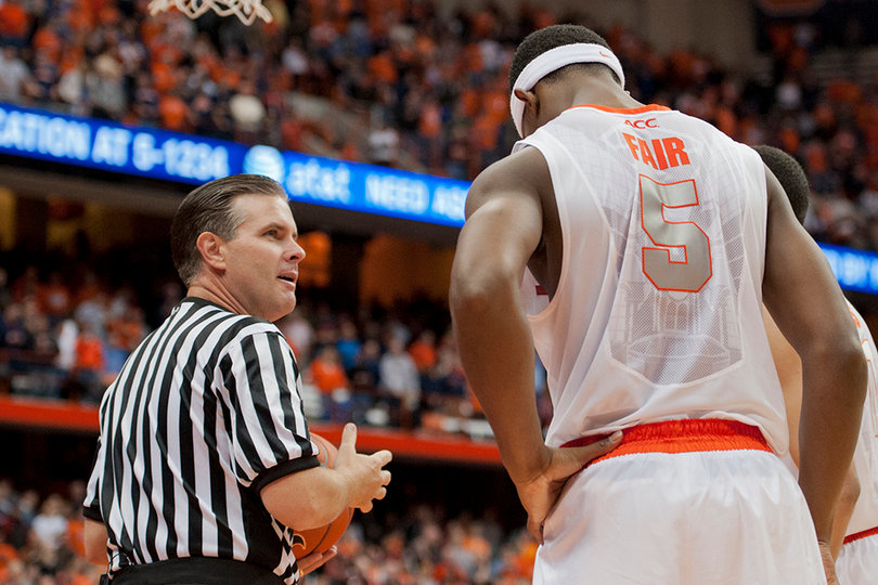 C.J. Fair talks with the baseline referee. Fair scored a career-high 26 points for Syracuse.