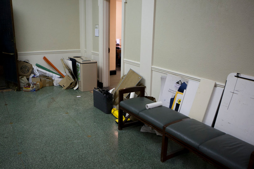 Water damage claimed items in several offices and classrooms on three floors in Maxwell.  Pictured is the last of the garbage to be thrown out in the first floor lobby.