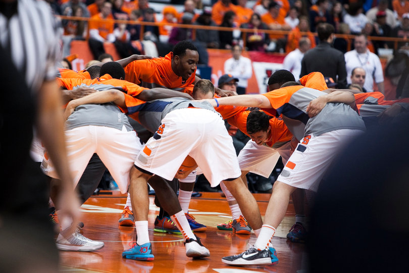 Rakeem Christmas leads a pregame huddle. Christmas finished with a season-high 15 points. 