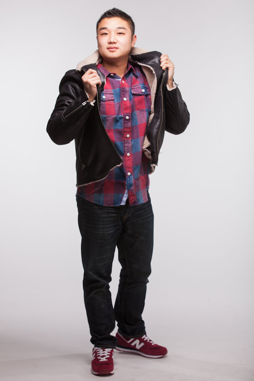On Leo: True Grit bomber jacket ($198), plaid button down ($129); New Balance sneakers ($79)