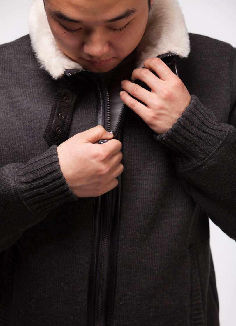On Leo: Schott NYC sweater jacket ($200)