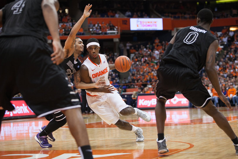 Fair works his way past High Point's defense toward the paint. 