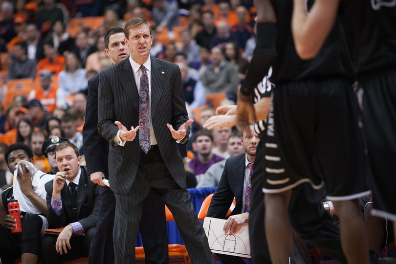 High Point head coach Scott Cherry scowls at the referee. 