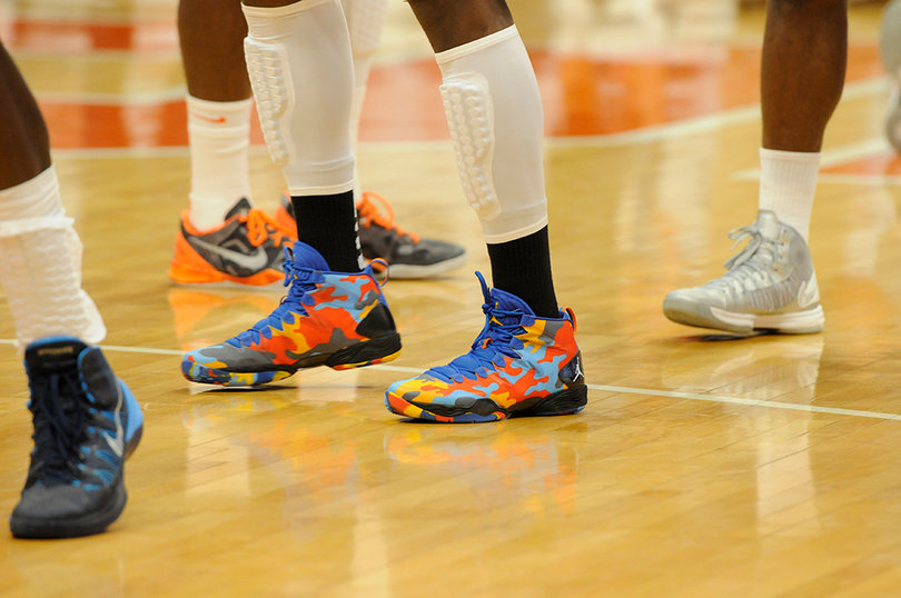 Jerami Grant's shoes during layup lines.
