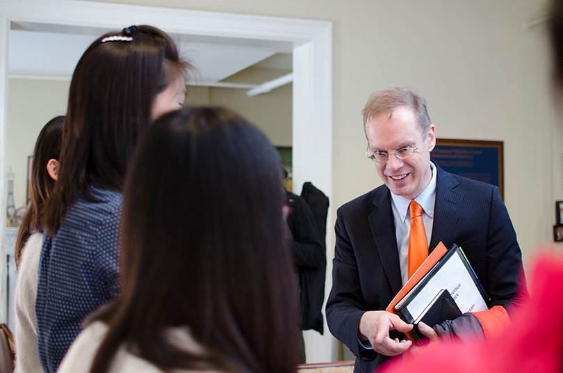Syverud interacts with students during his visit to the Slutzker Center.