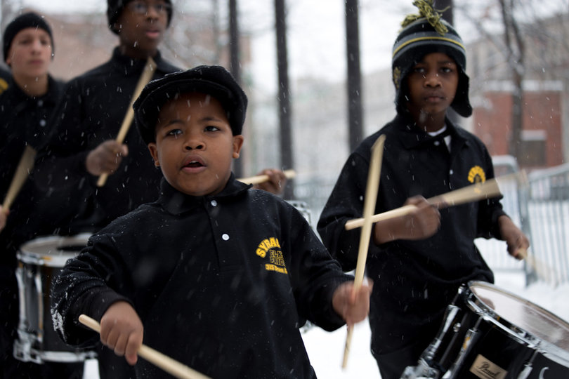 Members of the Elks Pride 315 Marching Band perform during Miner's swearing-in ceremony at Clinton Square. Other local performance groups, such as the ODESA Ukrainian Dance Ensemble and the Syracuse Scottish Bagpipe Band, also performed during the ceremony.