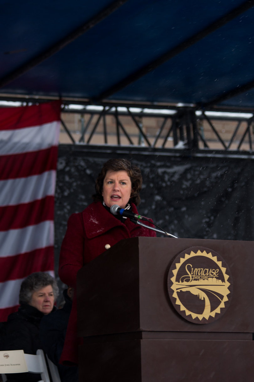 Stephanie Miner gives her remarks on her past and future terms as the mayor of the city of Syracuse. A reception at the City Hall Commons Atrium immediately followed the ceremony.