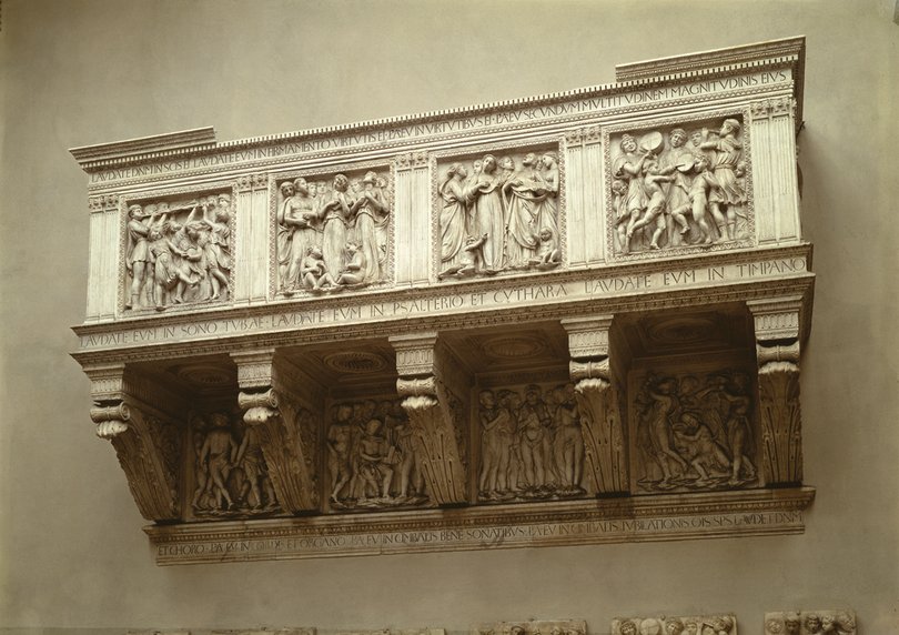 Luca della Robbia’s “Cantoria.” It is a 17 foot long marble sculpture of a choir loft in the Italian Renaissance era. It was created in the 1400s.   