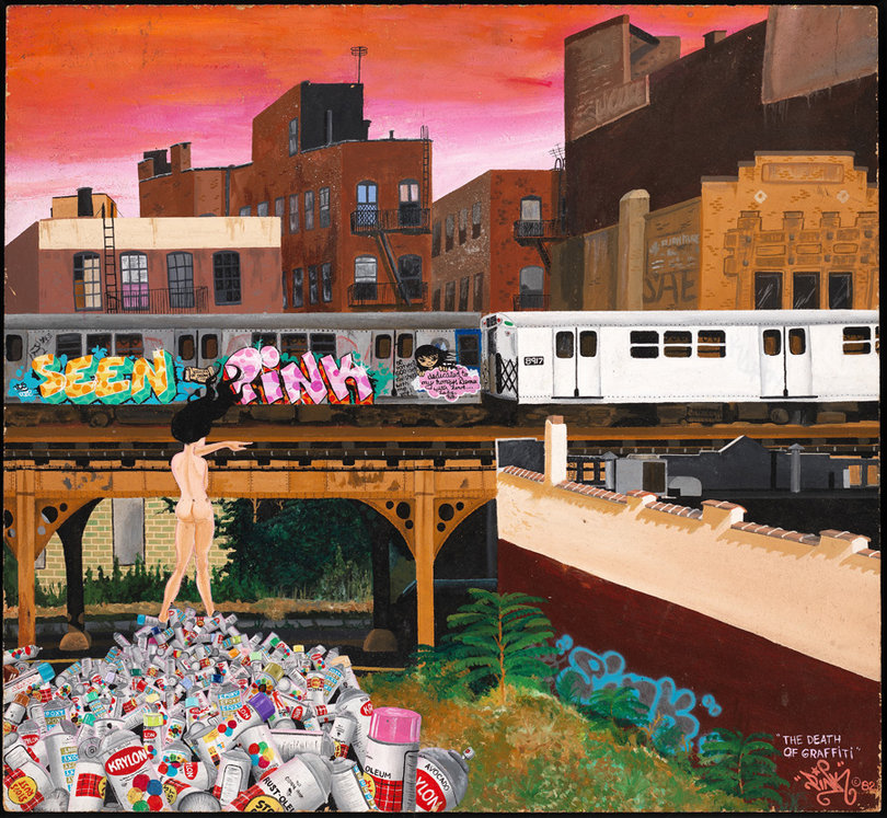 A creation from one of the artists, LADY PINK. LADY PINK painted The Death of Graffiti just as New York City Mayor Ed Koch and officials of the Metropolitan Transportation Authority reinvigorated their campaign to rid the subway system of graffiti. 