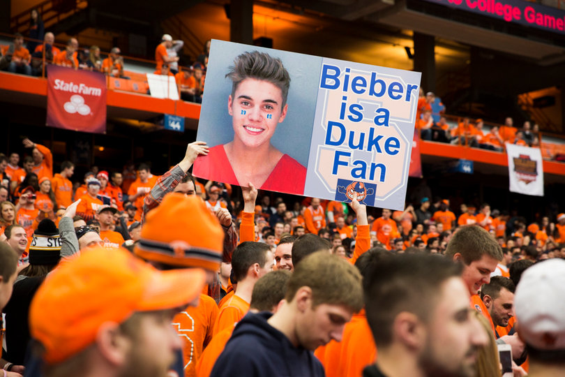 Signs dotted the Carrier Dome crowd, this one of Justin Bieber as a Dukef an. 