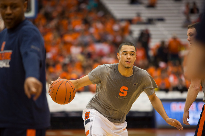 Ennis works up a sweat in warm-ups. He'll be opposed by a stingy defensive backcourt featuring Quinn Cook, Tyler Thornton and Rasheed Sulaimon. 