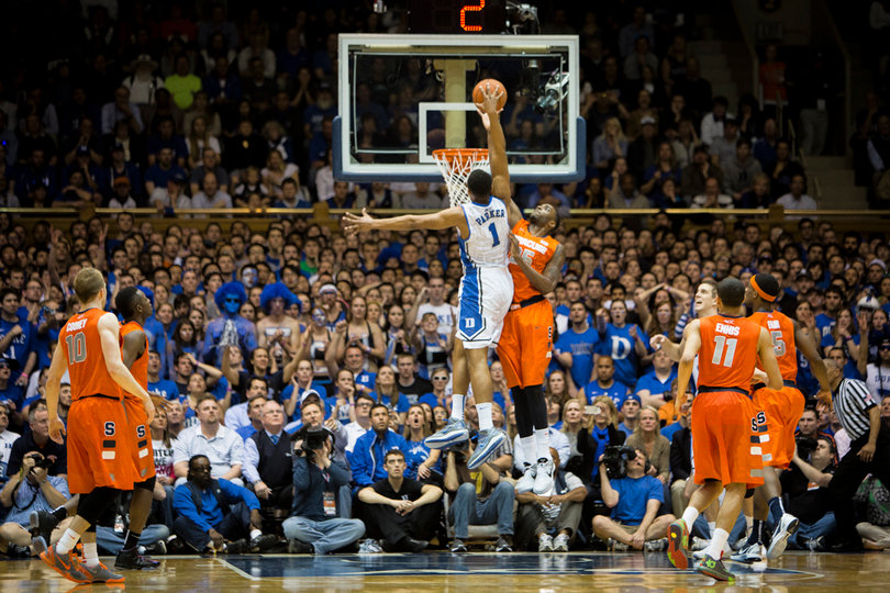 Rakeem Christmas fouls Jabari Parker on a dunk attempt. 