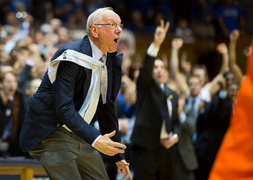 Jim Boeheim storms onto the court screaming at the officials following C.J. Fair's offensive foul. 