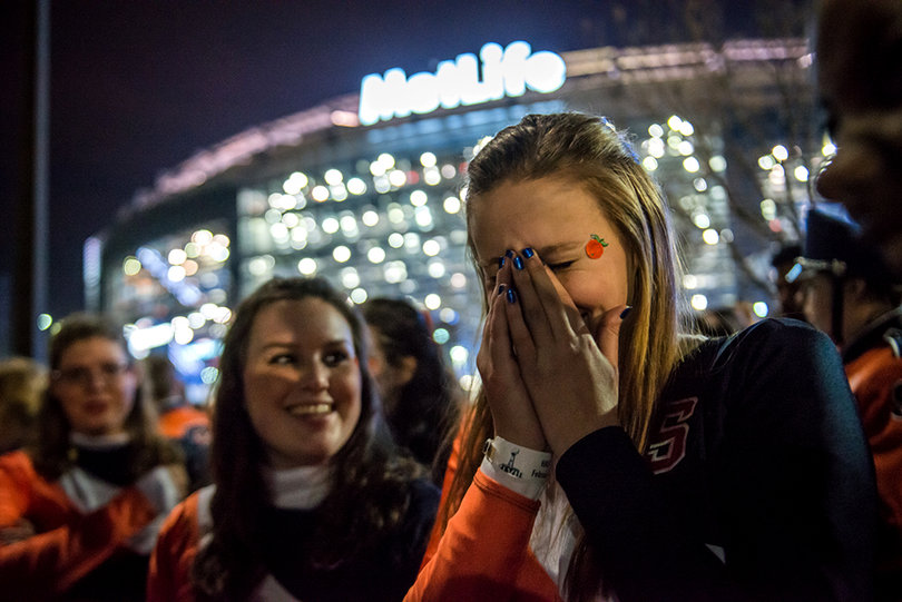 "I don't want to leave," Natasha Olejar cries after her performance with the Syracuse University Marching Band at the Super Bowl on Sunday night.