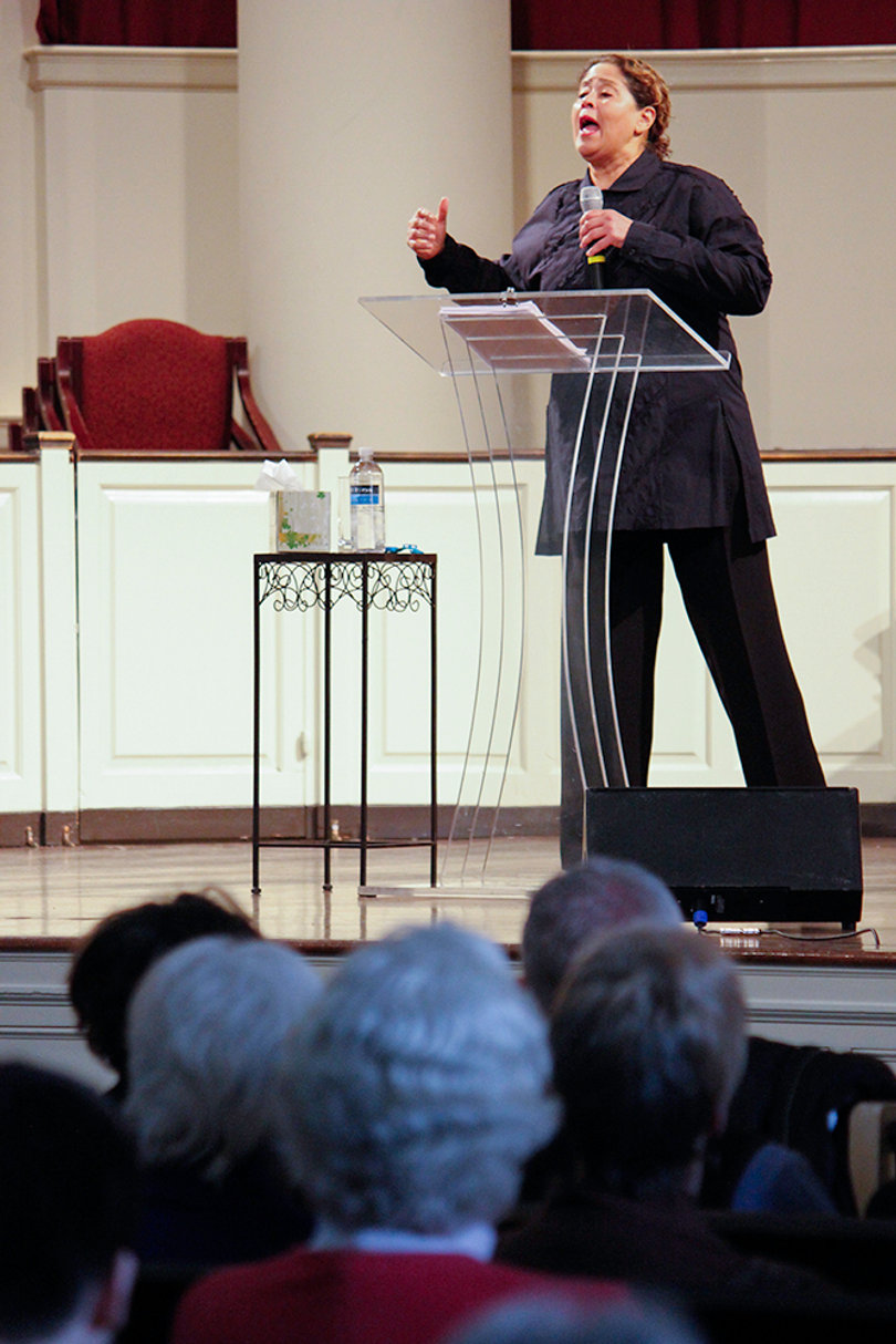 Anna Deavere Smith acts out a “snapshot” character in her University Lecture, “Snapshots: Portraits of a World in Transition,” at Hendricks Chapel Tuesday night.
