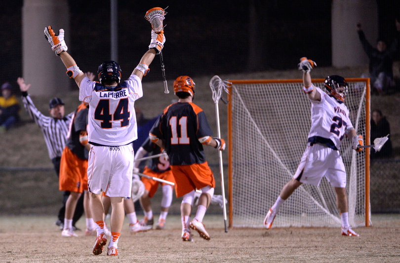Lapierre celebrates a goal from the top of the attacking third. 