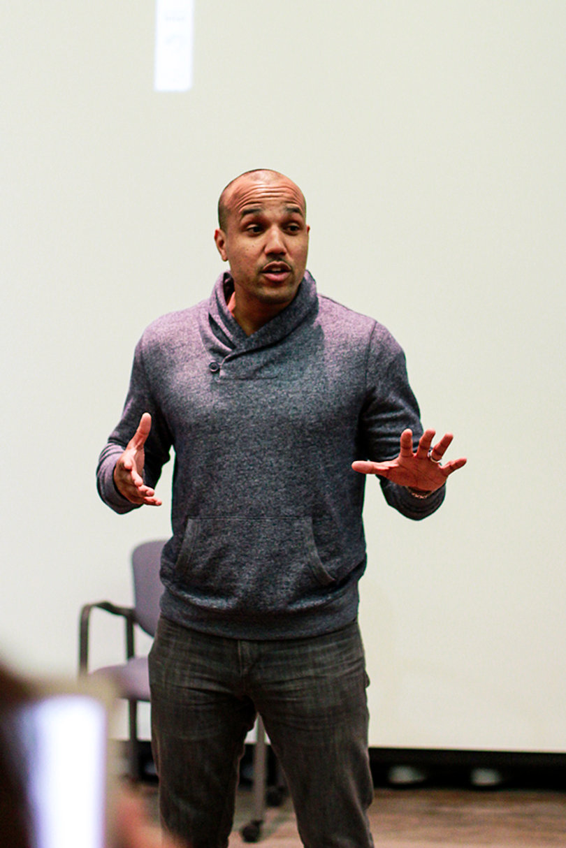 Arel Moodie, the bestselling author of Your Starting Point for Student Sucess, practices his speech for Wednesday’s lecture. 
