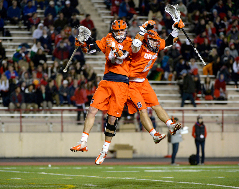 Staats and Rice celebrate after a hard shot to the top right side of the net. 