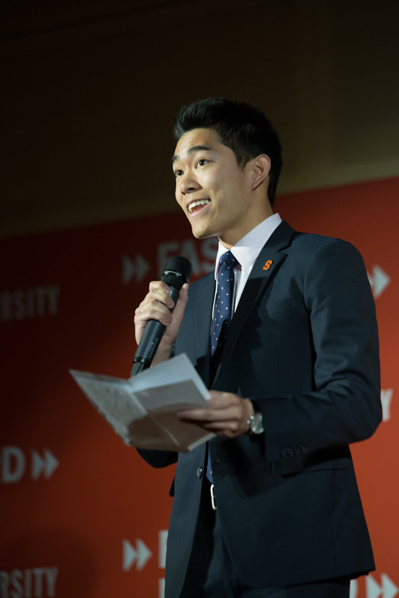 Brian Cheung presents his winning entry, Swipes for Syracuse, which would allow students to use their unused meal swipes to help the hungry in the city.