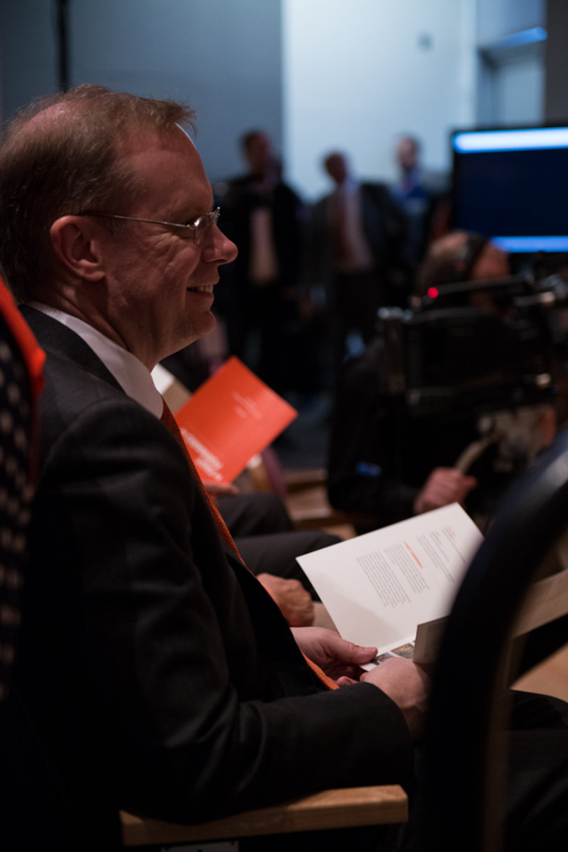 Chancellor Kent Syverud smiles as he waits for the Fast Forward winners to pitch their ideas on Friday.