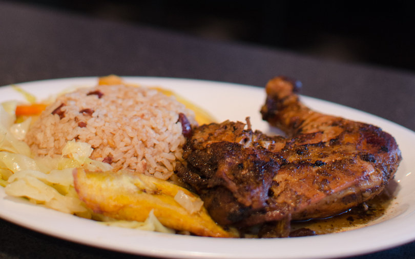 Jamerican Diner’s jerk chicken was heavily seasoned and deliciously tender. It was served with sides of fried plantains, boiled chopped cabbage, and yellow rice.