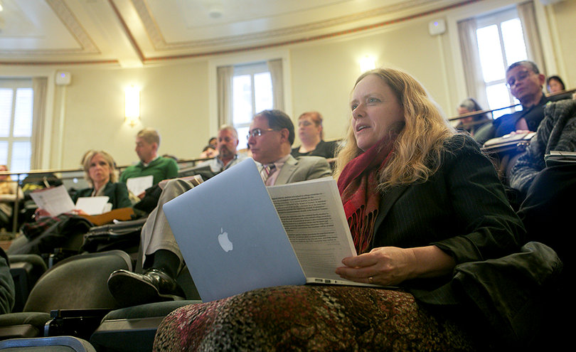 Eileen Schell, an associate professor of writing, raises a point during the Academic Affairs Committee’s report on Wednesday.  