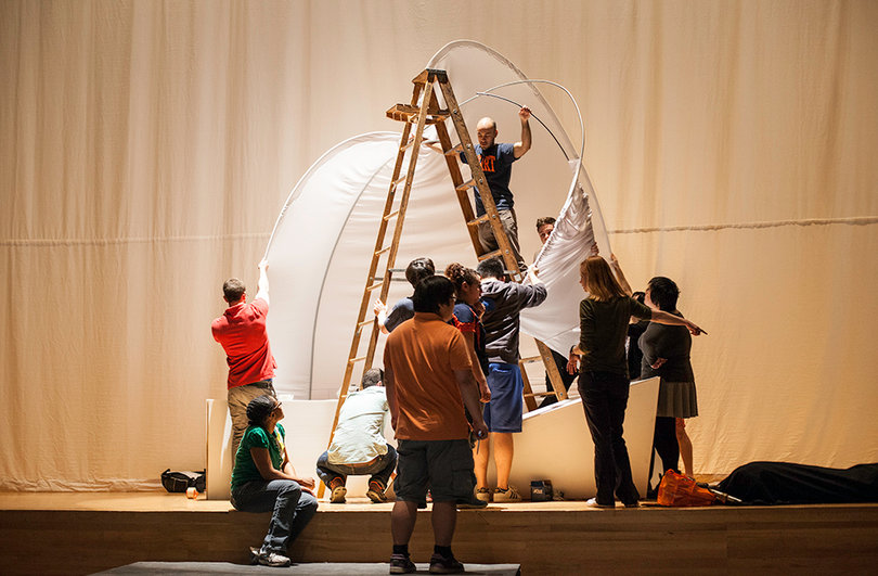 Students work to prepare the Schine Student Center for the fashion shows on Thursday, which will take place at 12:30 p.m. and 7:30 p.m.