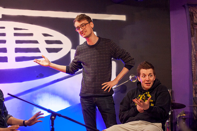 (From left) Tim Simon and Keith  Caram, perform improv comedy as part of the benefit show. 