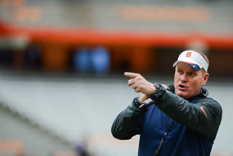 SU head coach Scott Shafer addresses the crowd before the game. He reiterated the program's two-for-one ticket deal for the Orange's season opener against Villanova in the fall.