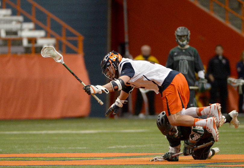 Daddio falls down after he jousts for a faceoff in the circle. 