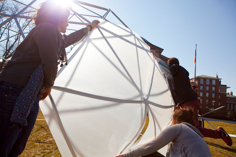 Participants in The WILDER Compound Project constructed and demonstrated a geodesic greenhouse dome on the Quad Wednesday afternoon. The dome will delivered to the South West Community Farm in Saturday as one of the project's six workshops. 